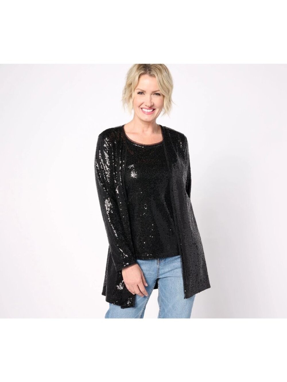Isaac Mizrahi Live! Sequin Cardigan Medium Long Sleeve Embellished Black Party